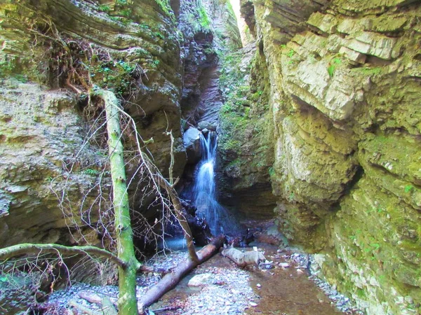 斯洛文尼亚沿岸地区Kobarid市Dreznica村和Kosec村附近Koseska Korita的小瀑布从狭窄的峡谷流出 — 图库照片