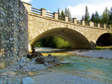 Slovenya 'nın Kranjska Gora kenti yakınlarındaki Krnica Nehri üzerindeki taş köprü güneş ışığıyla aydınlatıldı
