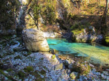 Slovenya 'da Kamnik-Savinja Alpleri' ndeki renkli yeşil Kamniska Nehri, güneş ışığıyla aydınlatılıyor