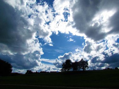 Slovenya 'da kırsal manzaralı, koyu bulutlarda mavi bir açıklığın ve bir grup ağacın haykırışının güzel manzarası
