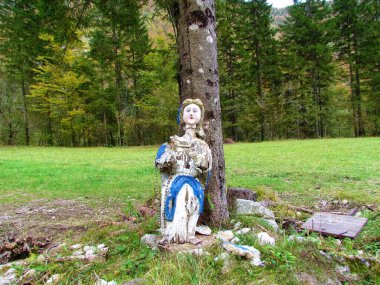 Yaşlı ürkünç yıpranmış beyaz ve mavi bebek bir ağaca yaslanıyor