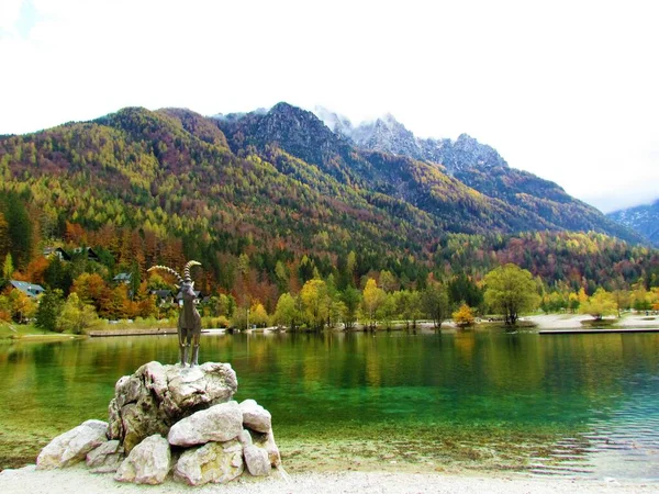 Lago Jasna Color Verde Cerca Kranjksa Gora Gorenjska Eslovenia Con —  Fotos de Stock