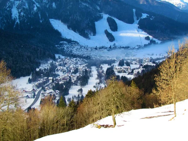 View Town Kranjska Gora Winter Gorenjska Slovenia Skiing Slopes — Stock Photo, Image