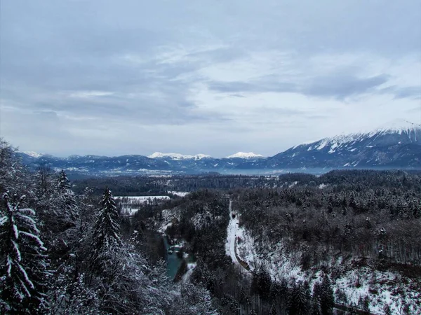 Pohled Pohoří Karawanks Gorenjské Slovinsko Zimě Les Vpředu Železnici Řeku — Stock fotografie