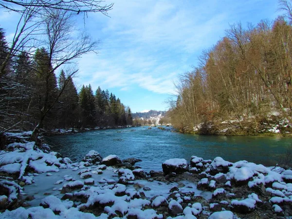 Río Sava Con Bosque Que Cubre Las Orillas Invierno Rocas — Foto de Stock