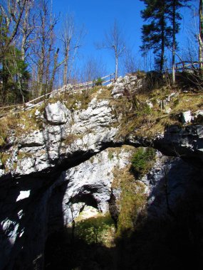 Notranjska, Slovenya ve zeljske jame bellow 'da Rakov skocjan' da doğal karst kaya oluşumu küçük doğal köprü