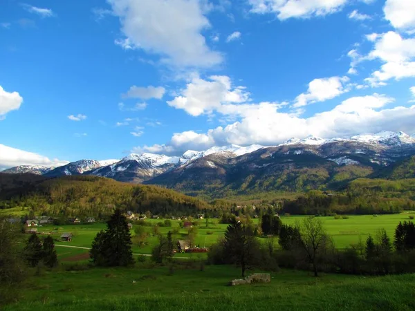 Lindo Campo Bohinj Aldeia Stara Fuzina Com Picos Cobertos Neve — Fotografia de Stock