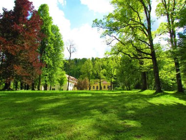 Slovenya 'nın Notranjska kentindeki Sneznik şatosunun yanındaki park ve binalar