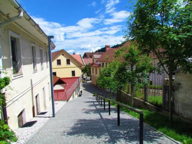 Slovenya 'nın Gorenjska kentindeki Skofja Loka kasabasında ağaçlarla dolu dar bir sokak.