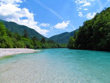 Slovenya 'nın Littoral bölgesinde yaz aylarında ormanlarla çevrili Soca nehri