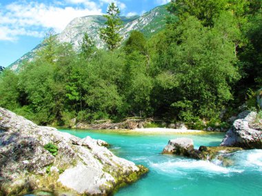 Slovenya 'nın Trenta vadisinde Zümrüt renkli Soca nehri ve dağları yükseliyor