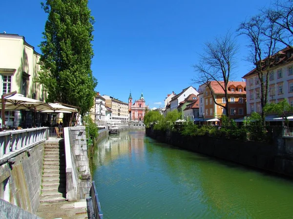 Rivière Ljubljanica Qui Coule Travers Ville Ljubljana Slovénie Église Franciscaine — Photo