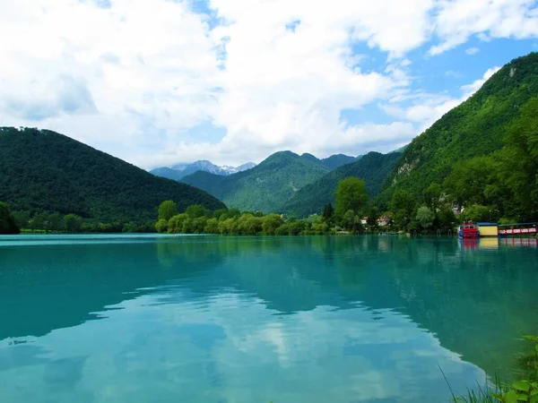 Turquoise Colored Lake Most Soci Littoral Region Slovenia Mountains Julian — Stock Photo, Image