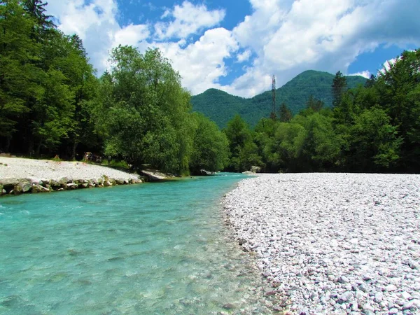 Río Tolminka Región Litoral Eslovenia Con Aluvión Rocas Colinas Cubiertas —  Fotos de Stock