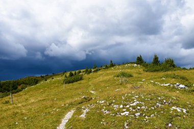Slovenya 'da Ratitovec Dağı' ndaki çayır güneş ışığıyla aydınlanıyor ve arkasında kara fırtına bulutları var