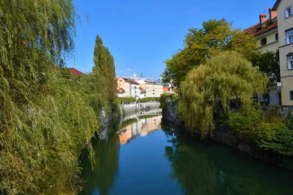 Ποταμός Λιουμπλιάνιτσα Στην Πόλη Λιουμπλιάνα Της Σλοβενίας — Φωτογραφία Αρχείου