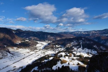 Slovenya 'da kışın Bohinj kırsal ve orman manzarası tepeleri kapladı