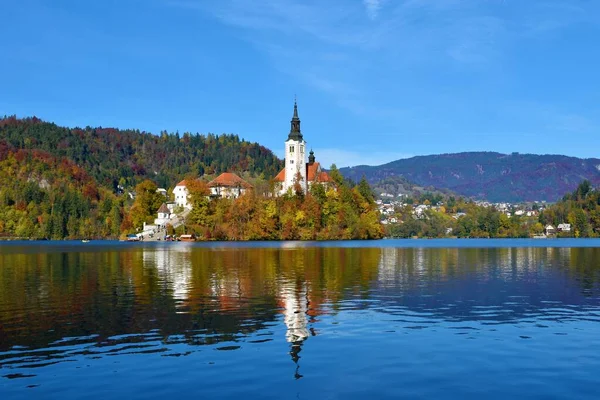 Iglesia Asunción María Una Isla Lago Bled Gorenjska Eslovenia Otoño — Foto de Stock