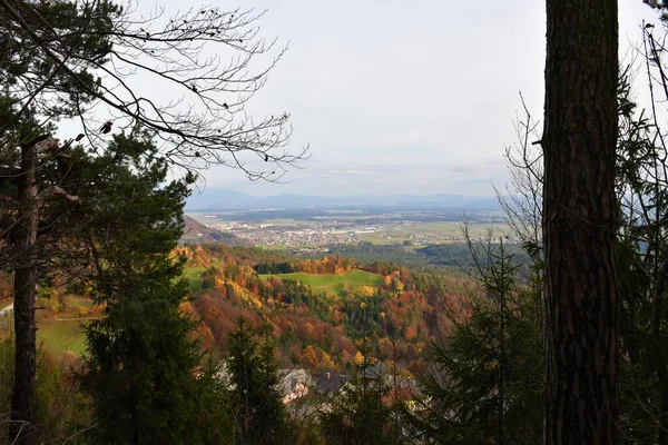 Vista Cidade Kranj Sorsko Polje Gorenjska Eslovênia Com Colinas Frente — Fotografia de Stock