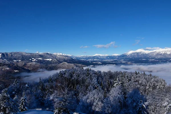 Blick Auf Gorenjska Slowenien Winter Mit Jelovica Hochebene Und Karawanken — Stockfoto