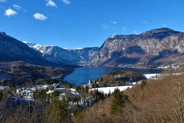 Vista Del Lago Bohinj Los Alpes Julianos Slovena Invierno —  Fotos de Stock