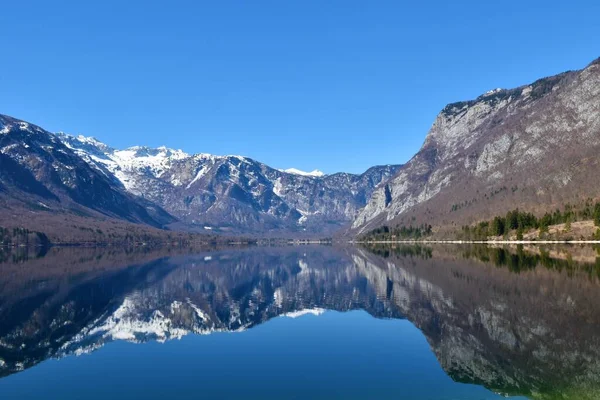 Montagnes Enneigées Dans Les Alpes Juliennes Lac Bohinj Avec Reflet — Photo