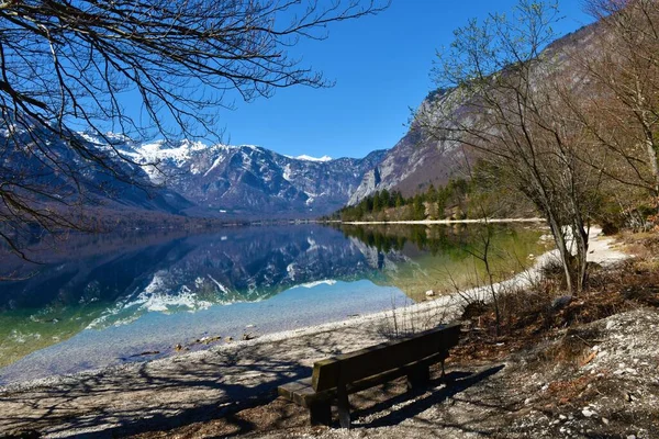 Shore Lake Bohinj Wooden Bench Front View Mountain Peaks Julian — Stockfoto