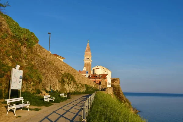 View George Parish Church Piran Istria Slovenia Paved Path Leading — Stock Photo, Image