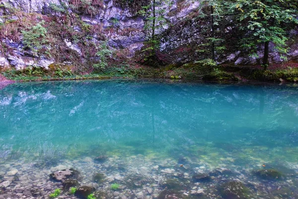 Superfície Turquesa Divje Jezero Lago Selvagem Perto Idrija Primorska Eslovénia — Fotografia de Stock