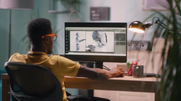Афроамериканський 3D дизайнер створює робот-модель — стокове відео