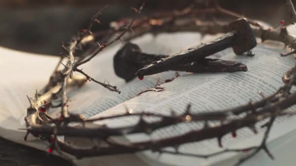 Nails and crown of thorns on Bible — Stock Video