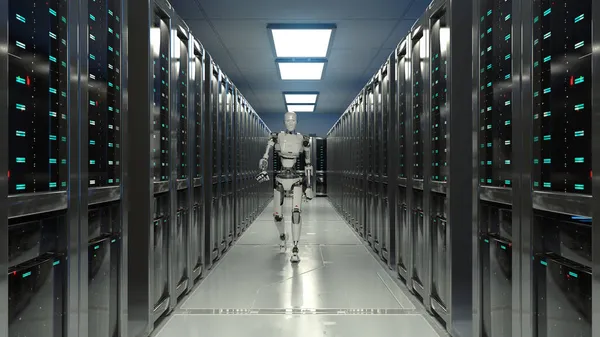 3D Render of robot walking in data center — Stock Photo, Image