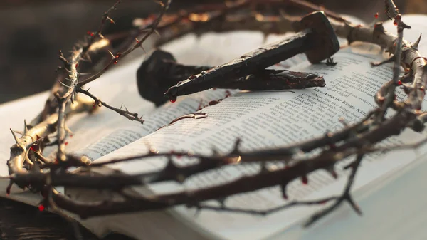 Цвяхи і коронка з шипів на Біблії — стокове фото
