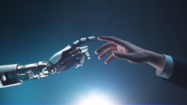 3D Render işadamı robot ele dokunuyor