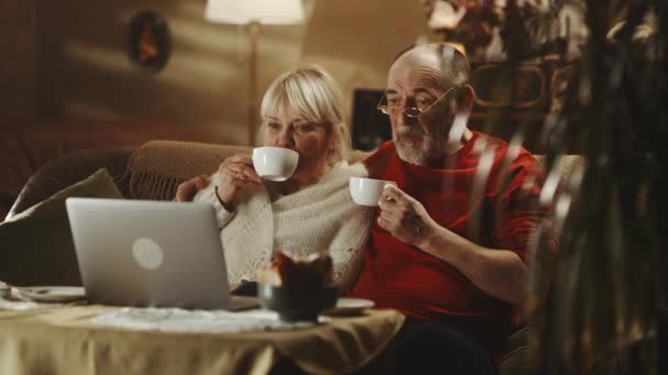 Старшая пара пьет чай и обсуждает фильм — стоковое видео