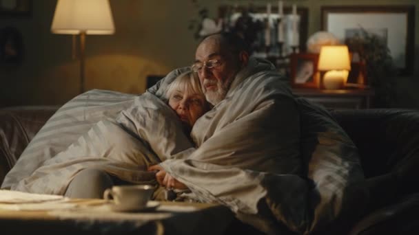Sad elderly couple hugging under blanket and talking — Stock Video