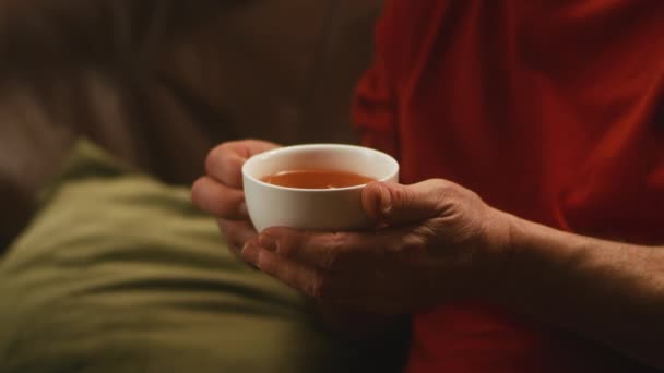 Пожилой человек, который пьет чай и разговаривает — стоковое видео