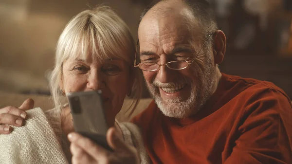 Joyeux grands-parents faire un appel vidéo aux petits-enfants — Photo