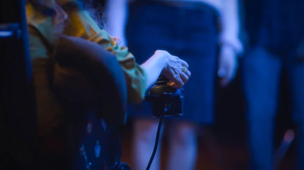 Crop View Actress Spinal Muscular Atrophy Driving Electric Wheelchair Stage — Stok fotoğraf