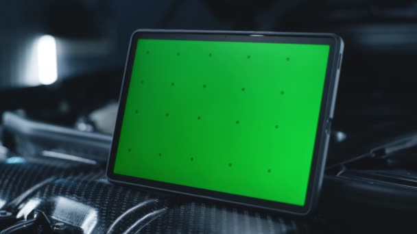 Modern Tablet Computer Chromakey Green Screen Opened Bonnet Car Maintenance — Video
