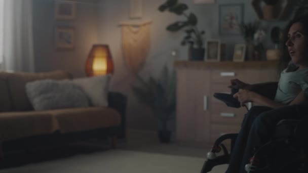 Calm Happy Woman Spinal Muscular Atrophy Enering Dim Room Illuminated — Vídeo de stock
