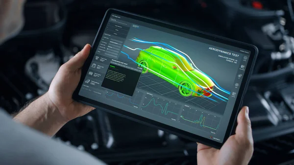 Mechanic Engineer Holding Digital Tablet Engineering Research Software Application Screen — Stok fotoğraf