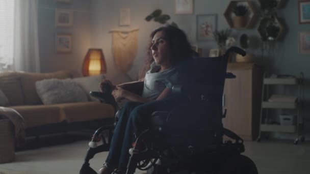 Sad Woman Disability Entering Dim Room Cozy Home Looking Camera — Vídeo de Stock