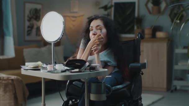 Home Woman Spinal Muscular Atrophy Wheelchair Table Doing Makeup Looking — Αρχείο Βίντεο