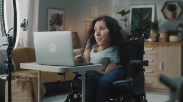 Woman Disability Sitting Wheelchair Home Cozy Room Recording Video Blog — Αρχείο Βίντεο