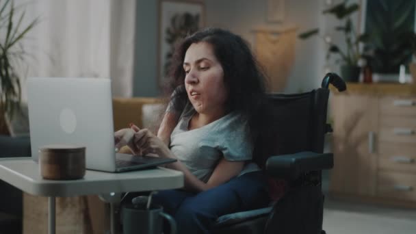 Woman Disability Wheelchair Home Browsing Internet Online Shopping Use Social — Vídeo de stock