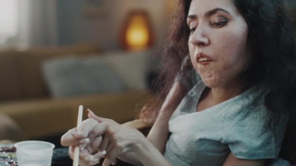 Close Shot Beautiful Woman Artist Wheelchair Spinal Muscular Atrophy Sitting – Stock-video
