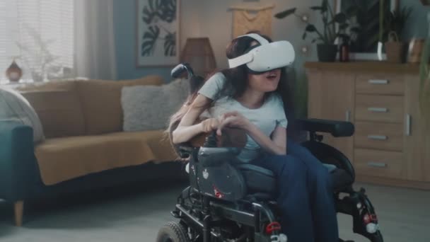 Happy Woman Disability Electric Wheelchair Driving Room Cozy Home Virtual — Vídeos de Stock