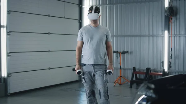 Man Worker Uniform Modern Virtual Reality Glasses Controllers Checking Testing — Zdjęcie stockowe