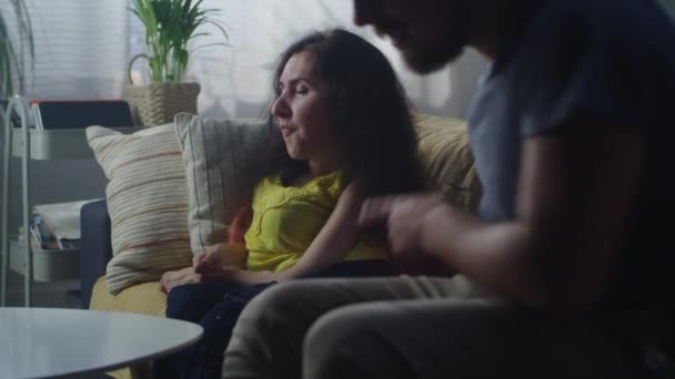 Couple Talking Nervously Arguing While Woman Disability Sitting Sofa Man — Video